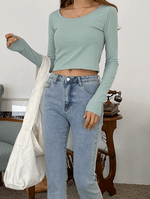 레피턴 유넥 골지 슬림핏 세미 크롭 티셔츠