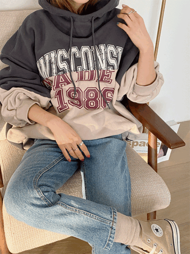 솔하텐 기모 1986 나염 배색 오버핏 벌룬 후드티셔츠